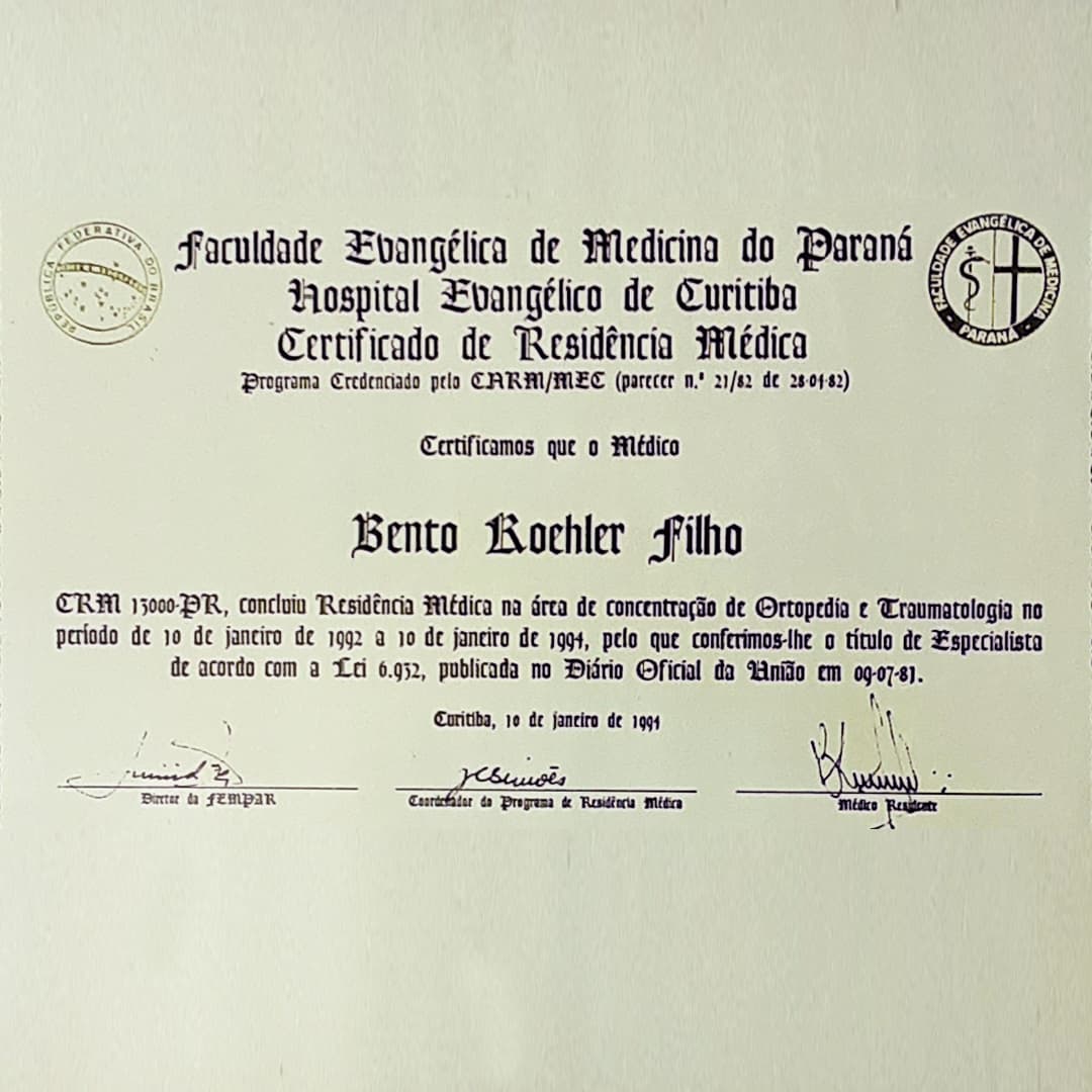 Diploma de ortopedista do Dr. Bento Koehler Filho.