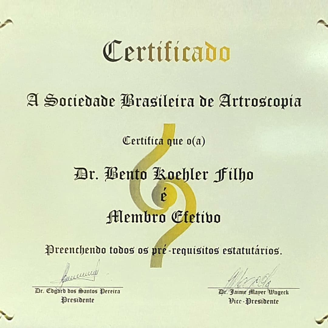 Diploma de membro da Sociedade Brasileira Artroscopia do Dr. Bento Koehler Filho.