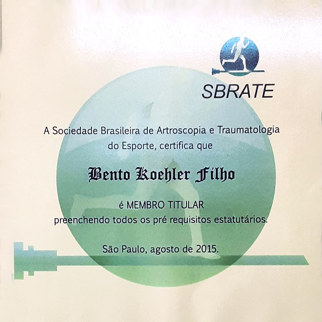 Diploma de membro da Sociedade Brasileira Artroscopia Traumatologia e do Esporte do Dr. Bento Koehler Filho.