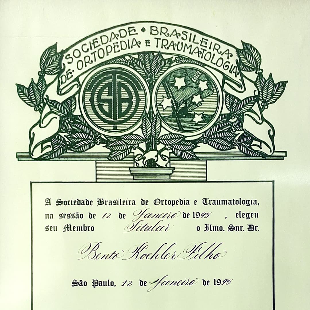 Diploma de membro da Sociedade Brasileira de Ortopedia do Dr. Bento Koehler Filho.