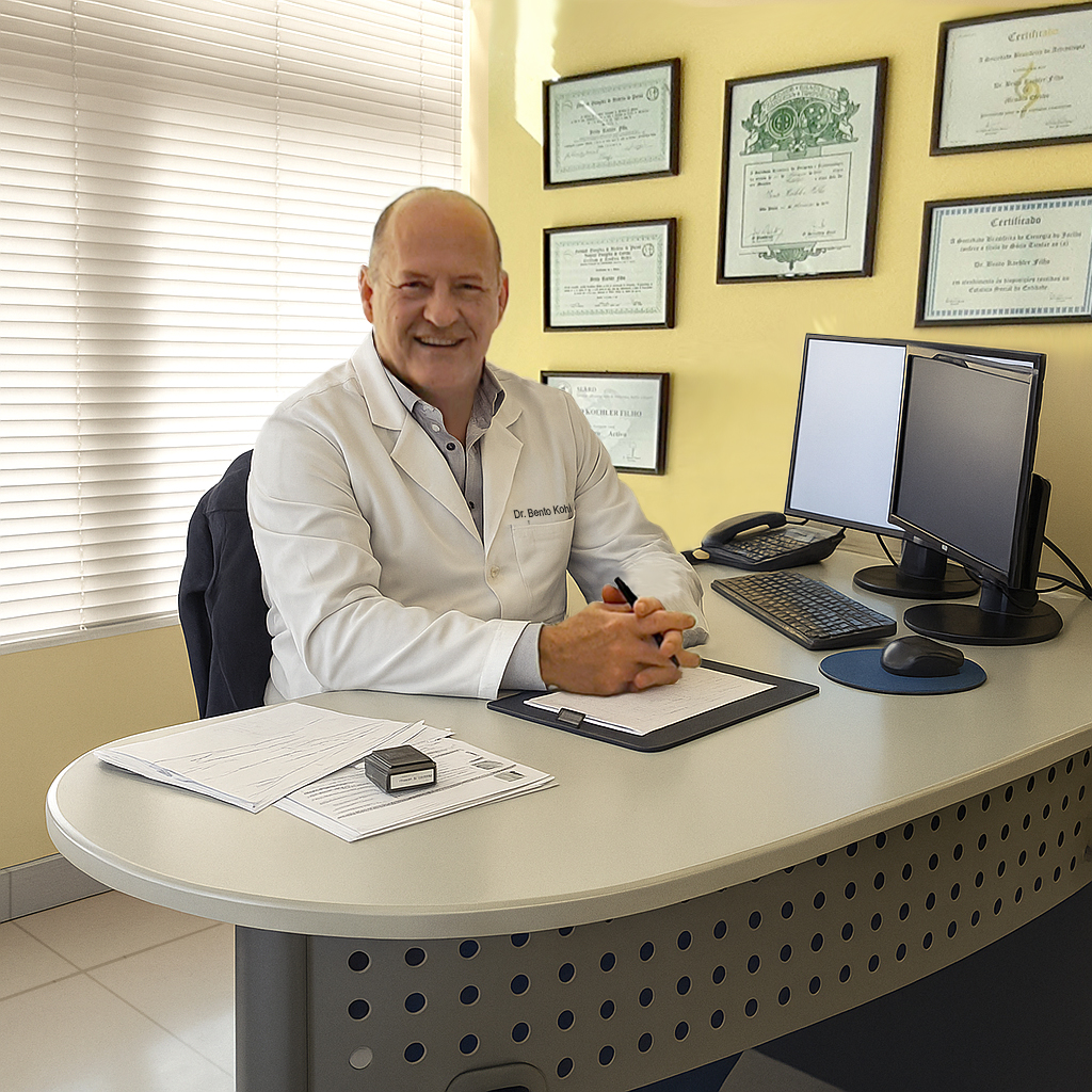 Dr. Bento Kohler Filho sentado a sua mesa em seu consultório. Ele está sorrindo.