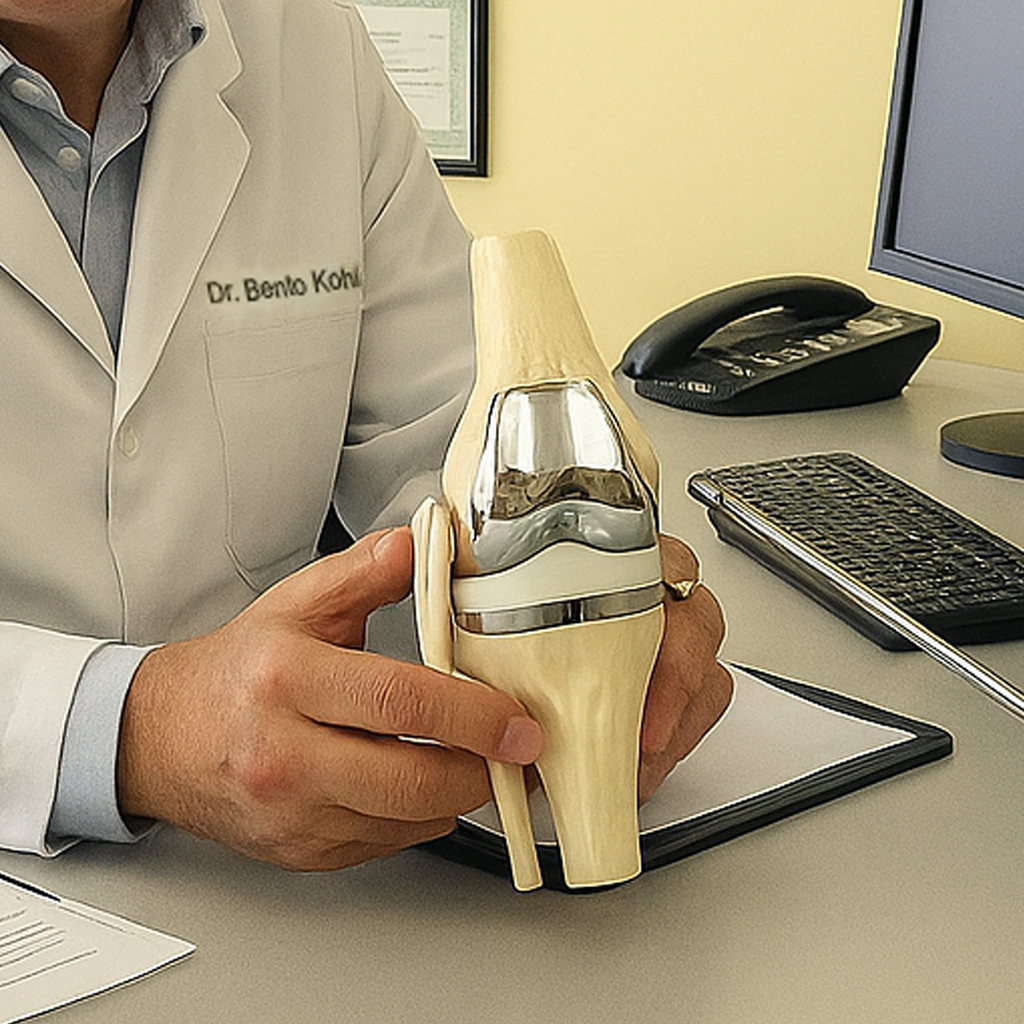 Dr. Bento Kohler Filho segurando um modelo 3D de um joelho portando uma prótese artificial.