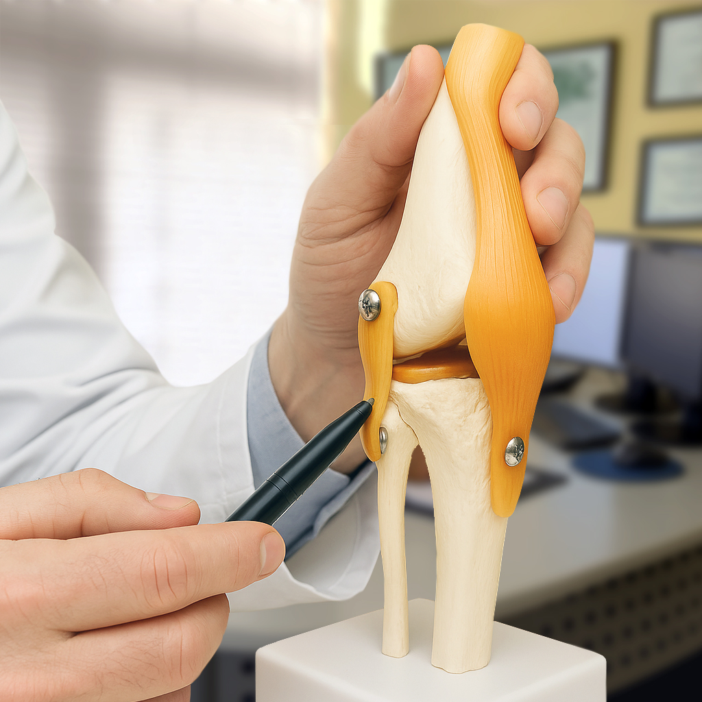 Dr. Bento Kohler Filho segurando um modelo 3D de um joelho no qual ele está demonstrando a anatomia do joelho.