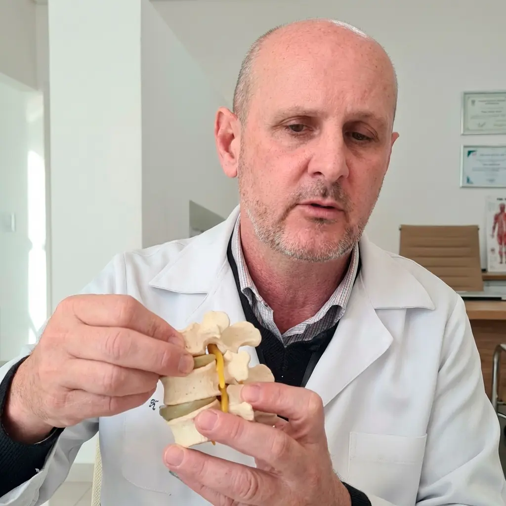 Dr. Marcelo Butenas Piluski demonstrando problema na coluna com peça anatômica durante explicação