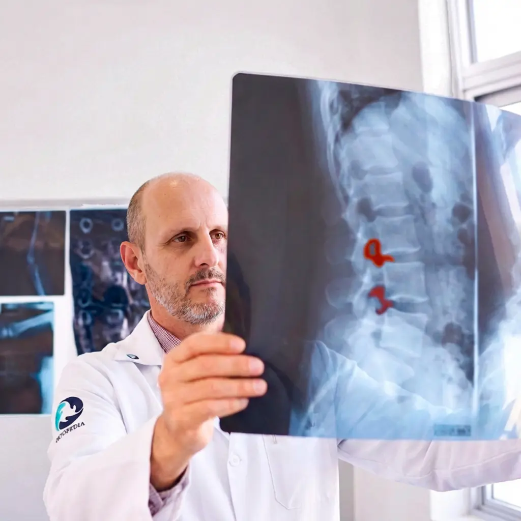 Dr. Marcelo Butenas Piluski analisando exame de coluna para avaliação de dor lombar