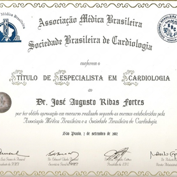 Diploma de Especialista em Cardiologia emitido pela Sociedade Brasileira de Cardiologia ao Dr. José Augusto