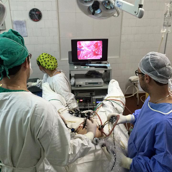 Dr. Lucas Marin Dall Stella realiza uma cirurgia por vídeo no abdômen de uma paciente, no centro cirúrgico. Ele está focado no monitor, acompanhado por dois auxiliares. Vestindo jaleco azul, enquanto os auxiliares usam jalecos brancos, a equipe transmite seriedade e concentração em cada detalhe do procedimento.