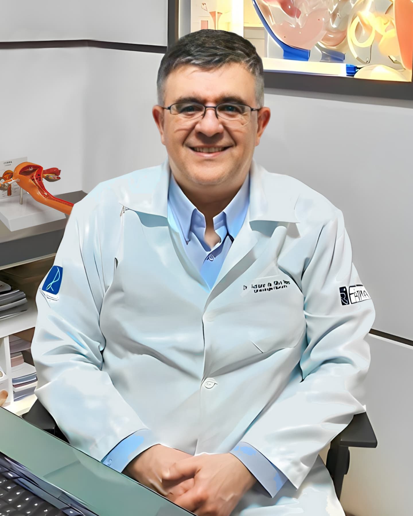 Dr. Adriano da Silva Wollmann, ginecologista em Curitiba, meia idade, cabelos curtos castanhos, sentado, sorrindo e olhando para a câmera, aparentemente ela está em seu consultório, usando óculos e vestindo camisa azul claro com jaleco branco por cima, por trás uma parede cinza claro, um quadro iluminado, um balcão com impressora e um modelo 3D e na frente uma mesa de vidro com um teclado.