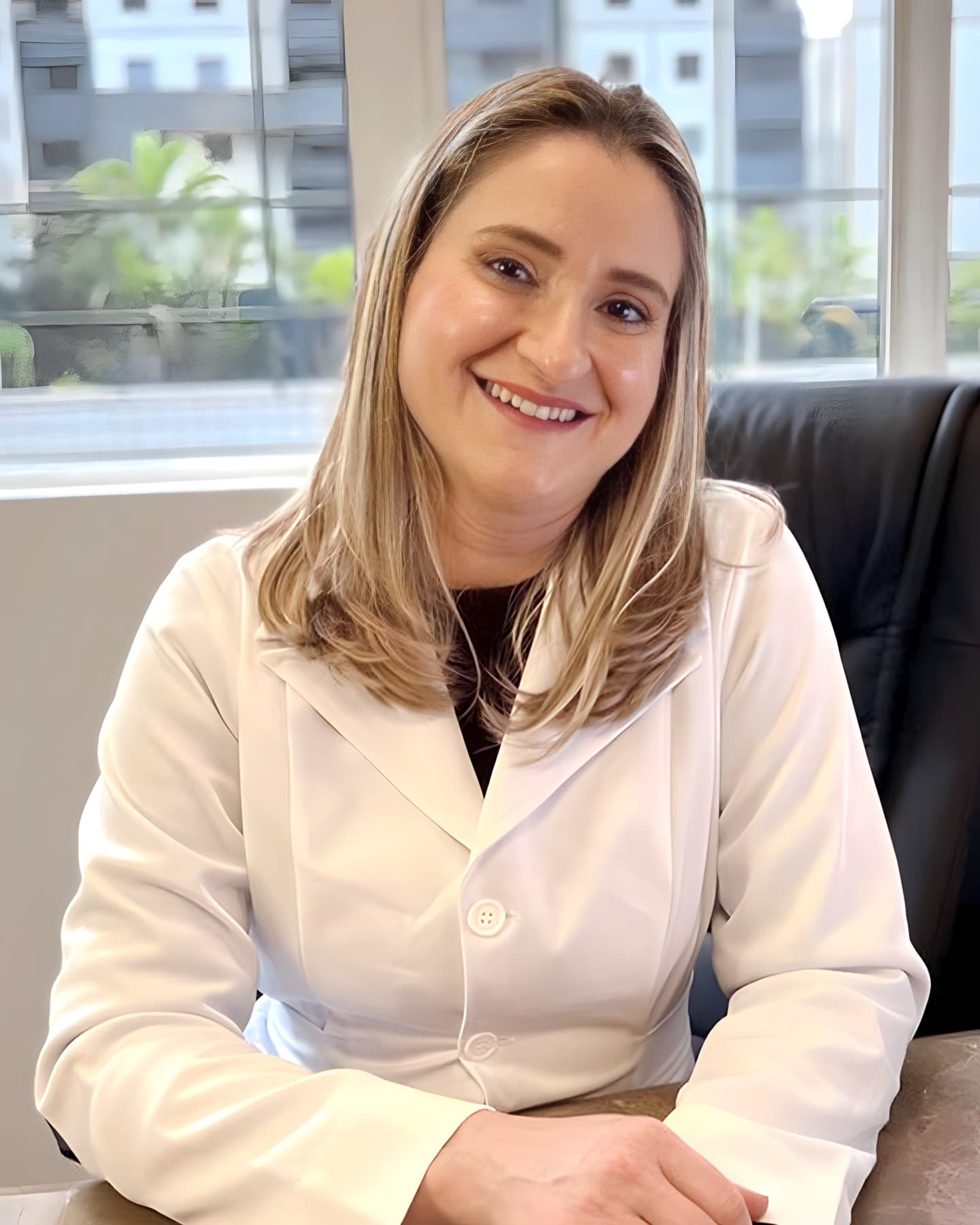 Dra. Simone Zandona Rodrigues, ginecologista, está em seu consultório, com uma ampla janela ao fundo que traz luz natural ao ambiente. Ela está sentada, com as mãos sobre a mesa, sorrindo para a câmera com a cabeça levemente inclinada, transmitindo uma atitude acolhedora e atenciosa. Ela tem cabelos lisos e loiros, que caem abaixo dos ombros, e veste uma camisa preta com um jaleco branco por cima, refletindo uma aparência profissional.