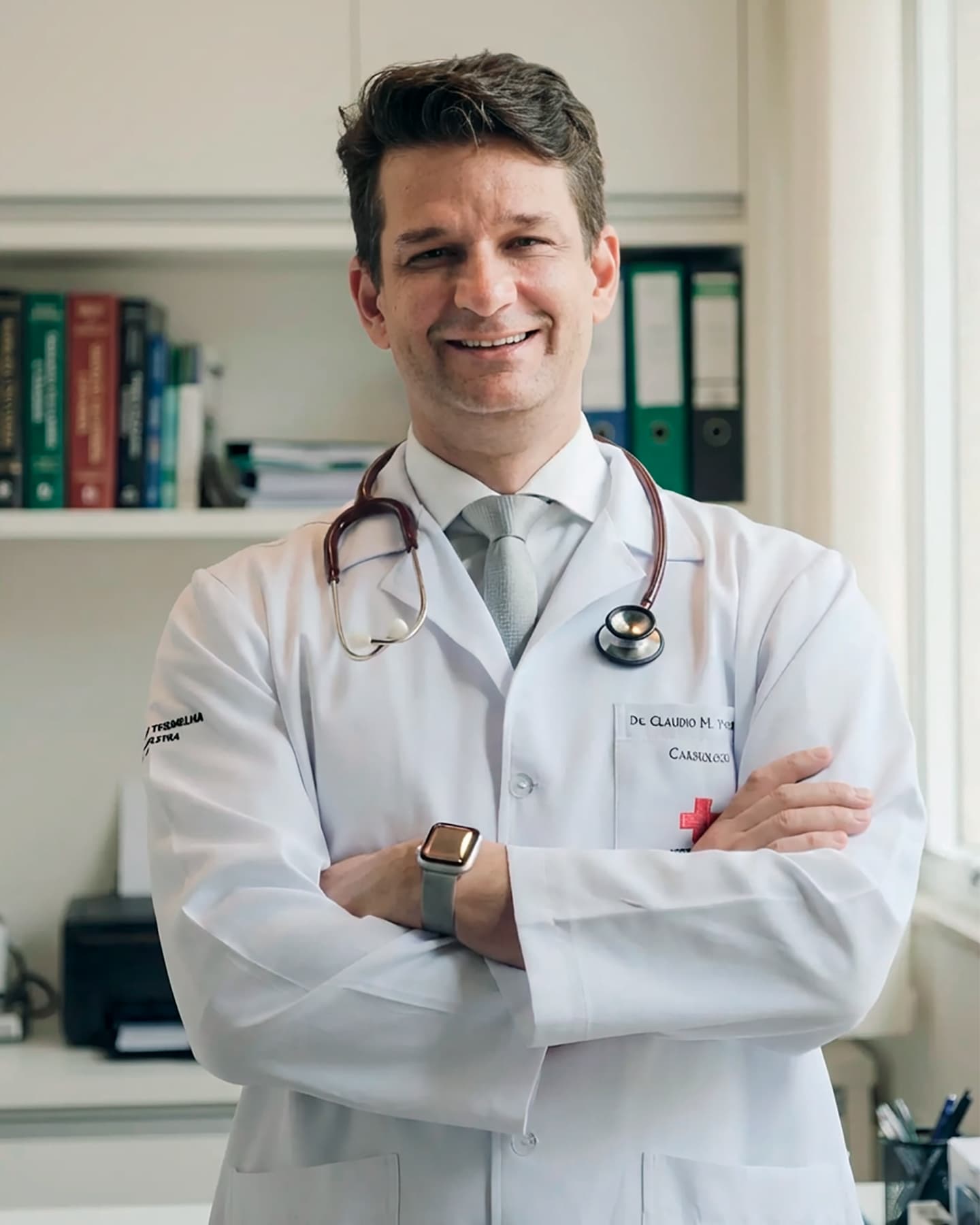 Dr. Claudio Mendes Voichcoski, cardiologista experiente, está de pé com postura confiante, braços cruzados e um sorriso acolhedor direcionado à câmera. Ele veste um jaleco branco impecável sobre uma camisa branca e uma gravata cinza, com um estetoscópio pendurado ao redor do pescoço. Ao fundo, é possível ver o corredor elegante que leva ao prédio onde se localiza o seu consultório.